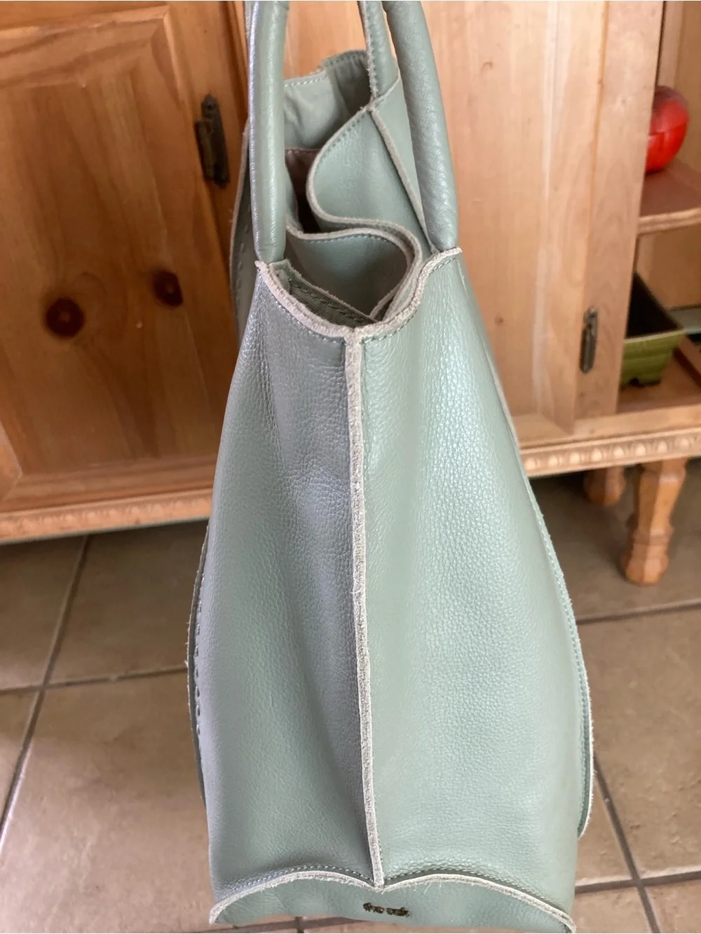 The Sak Leather Tote Bag in Light Sage with Contrast Brown Handles